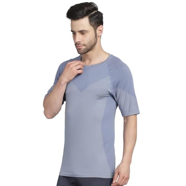 Grey Printed Round Neck Polyester Lycra Half Sleeves Men Slim Fit Tshirt