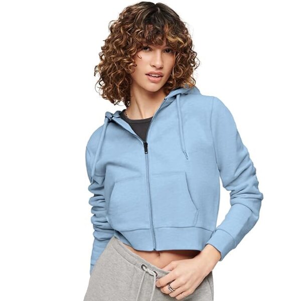 Girls and Womens Sweatshirt Soft Fleece Crop Zipper Hoodie SKYBLUE