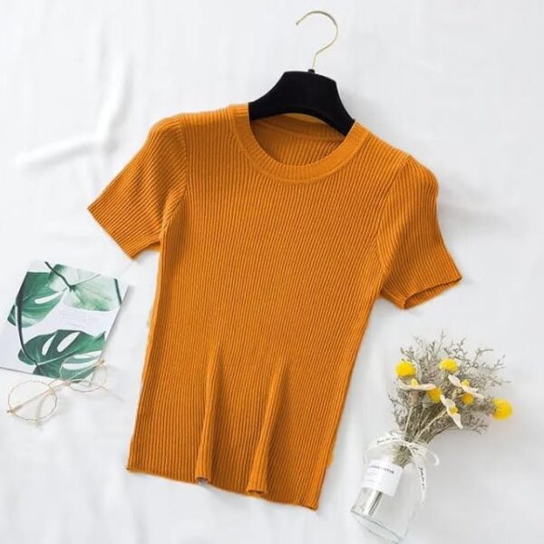 Mustard Slim Fit Plain Stretchable Round Neck Rib Knit Short Sleeve Regular Top for Women