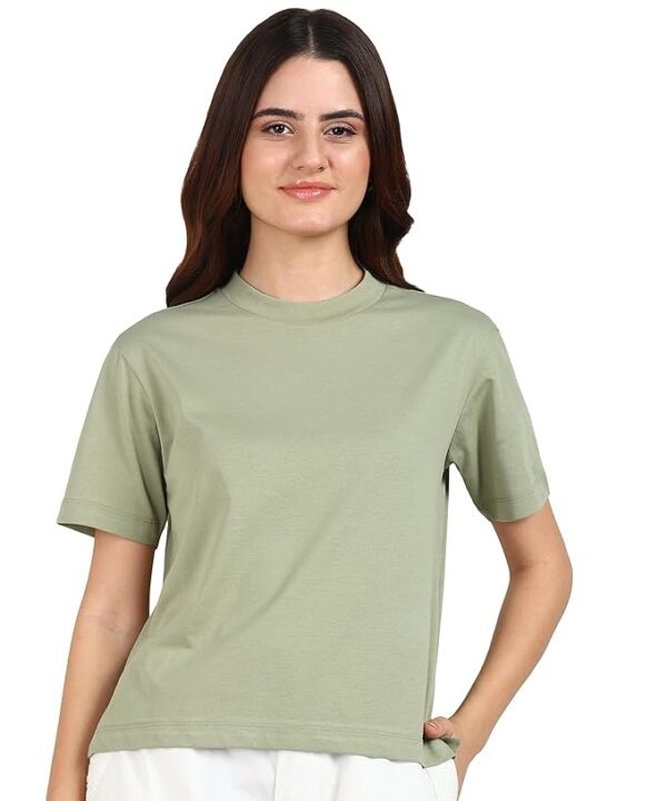 Green Relaxed Fit Side Slit Cotton Short Sleeve T-Shirt  Women's